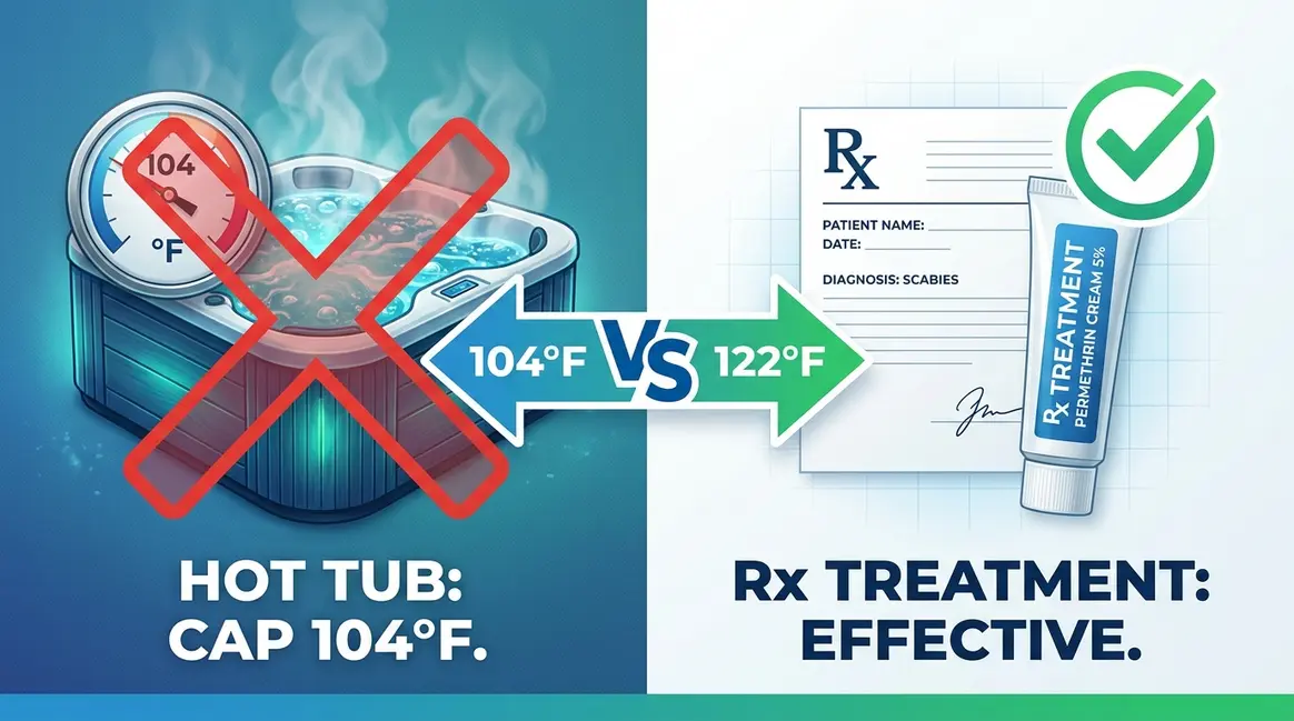 Hot tub showing 104°F temperature cap versus 122°F scabies mite kill threshold medical comparison