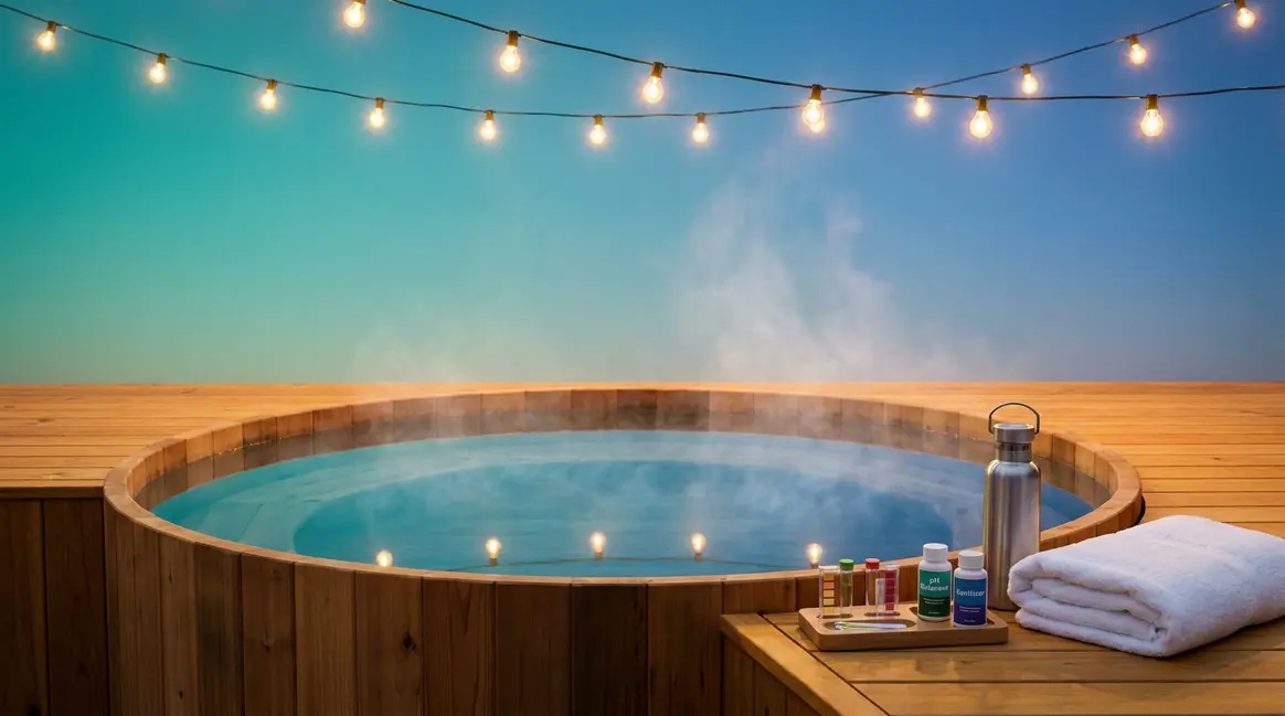Hot tub tips for beginners showing outdoor spa with test strips and chemical kit on deck