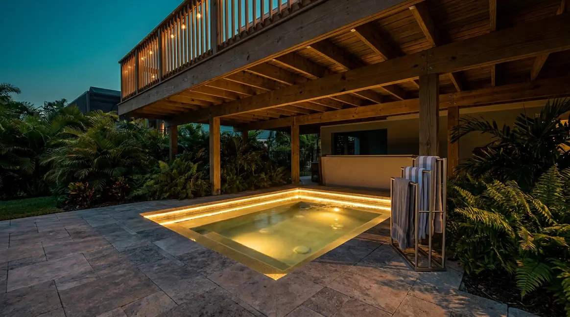 Hot tub under deck ideas showing a glowing spa installed beneath an elevated wooden deck at dusk