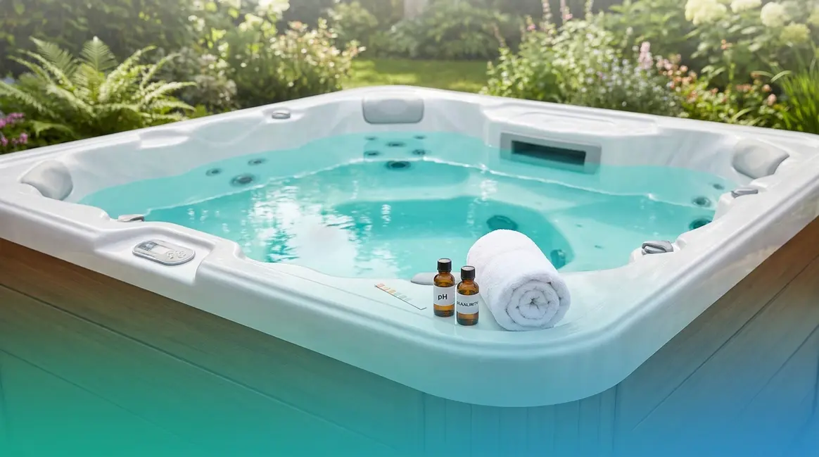 Hot tub water care for beginners — crystal-clear spa with test strips and chemical bottles on the edge