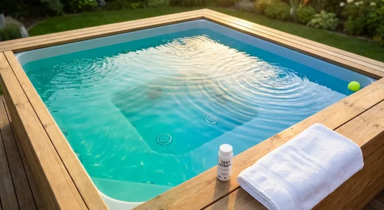 Crystal clear hot tub water with test strips and maintenance supplies on wooden deck