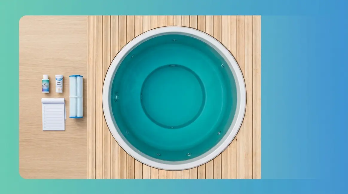 Hot tub water maintenance schedule tools and crystal-clear spa water on wooden deck