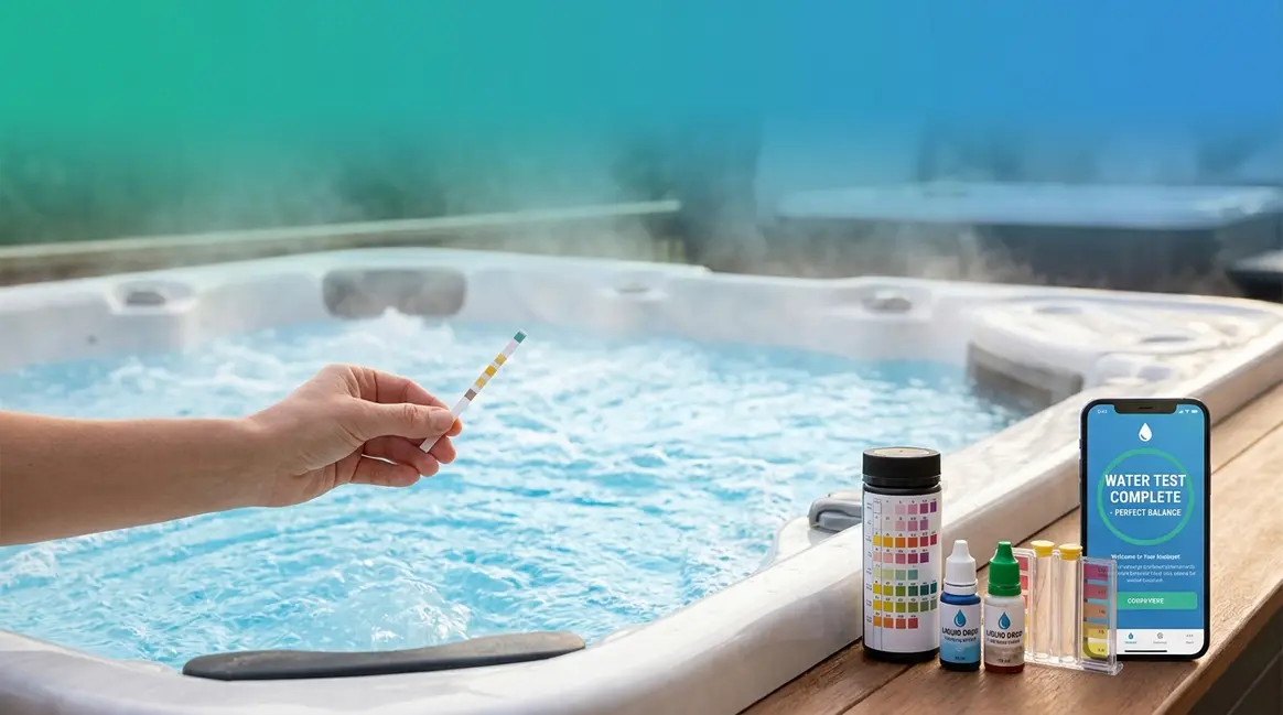 Best hot tub water testing kits including test strips, liquid kit, and digital app tester beside a spa