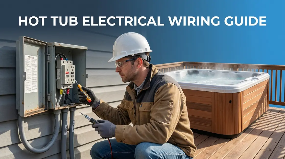 Licensed electrician wiring a hot tub GFCI disconnect panel on outdoor wall