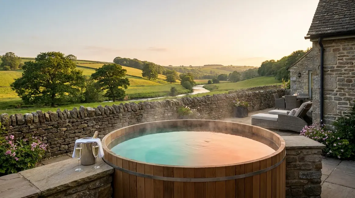 Private outdoor hot tub at a UK country house hotel with rolling countryside views and evening light