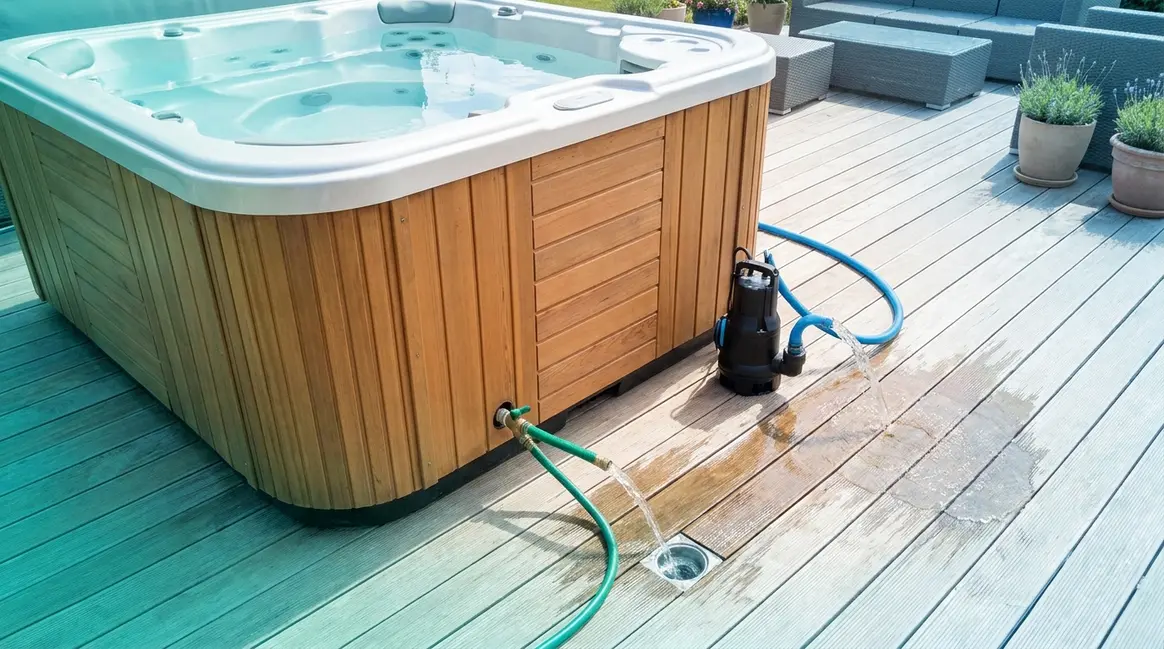 How to drain a hot tub showing garden hose attached to drain spigot on wooden cabinet exterior