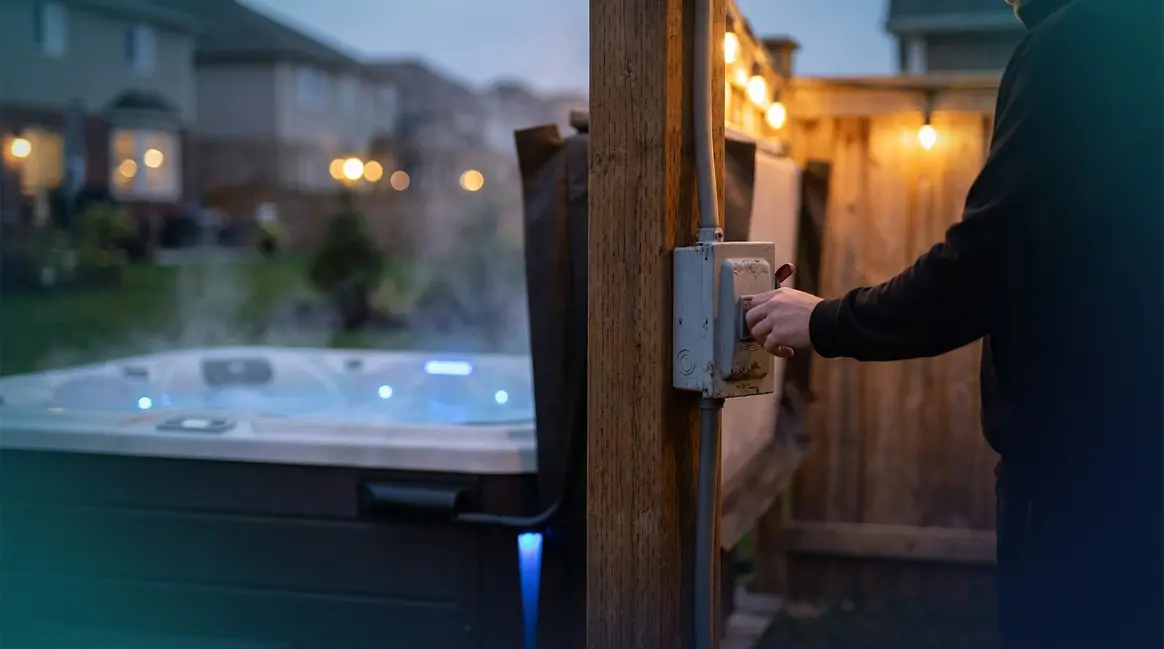 Person turning off a hot tub at the GFCI disconnect box mounted on a fence post