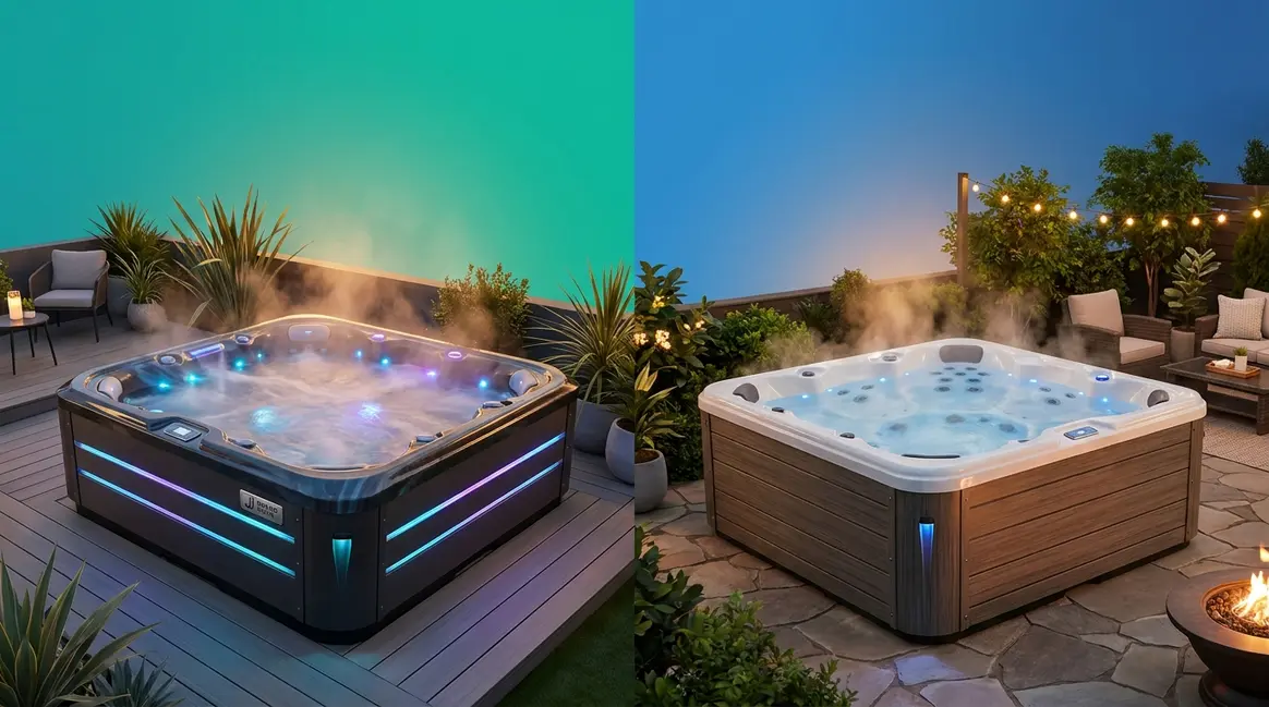 Jacuzzi vs hot tub difference comparison showing branded and generic hot tub side by side outdoors