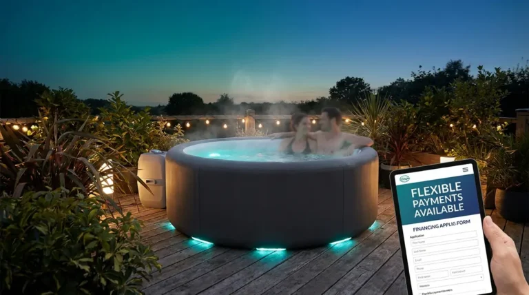 Home 1 Couple relaxing in a lease to own hot tub in a backyard at dusk
