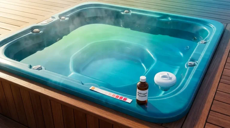 Home 2 How to lower bromine in a hot tub using test strips and hydrogen peroxide on wooden deck