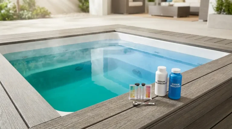 Home 1 Person testing hot tub water with strips to manage hot tub pH levels correctly