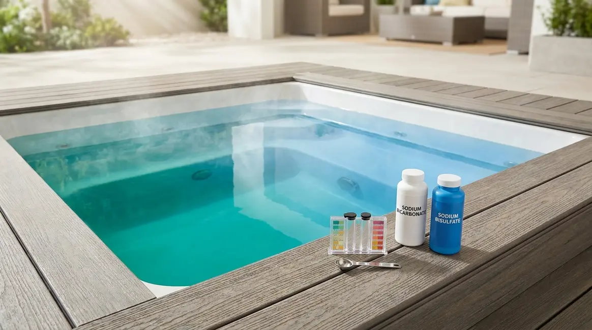 Person testing hot tub water with strips to manage hot tub pH levels correctly