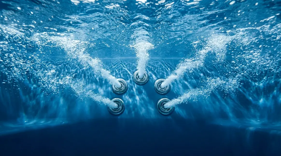 Most powerful hot tub jets firing underwater showing high-pressure water streams from five premium spa brands