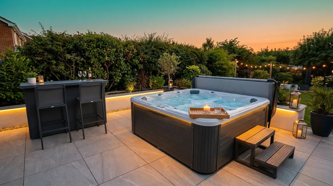 Patio hot tub ideas UK — styled garden spa with bar set, bamboo tray and entry steps