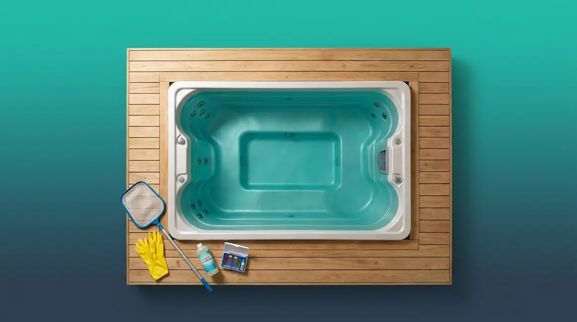 Hot tub with cleaning supplies laid out for poop in hot tub how to clean protocol