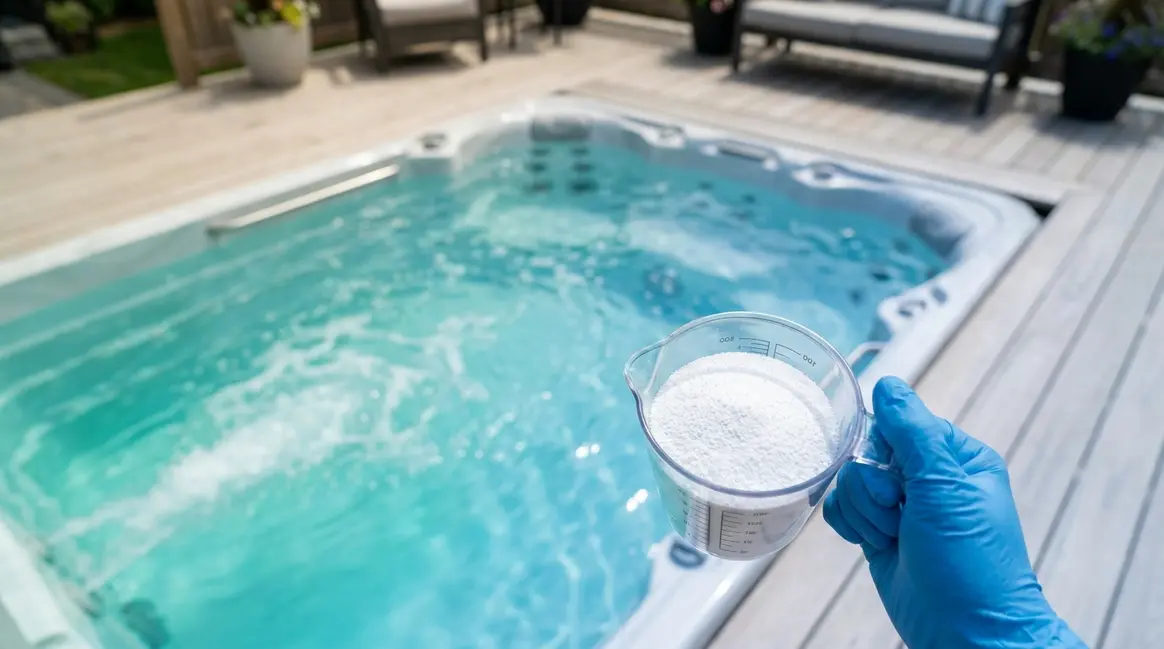 Should you shock a hot tub after refilling shown by gloved hand adding Dichlor shock to fresh spa water