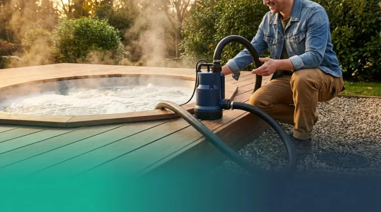 Home 1 Submersible sump pump draining a hot tub with discharge hose over the tub edge