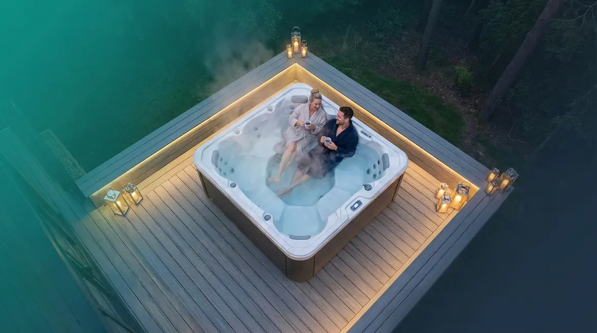 Couple relaxing in a two person hot tub on a modern outdoor patio with steam rising