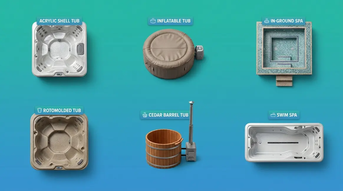 Six types of hot tubs explained side by side from inflatable to in-ground luxury spa