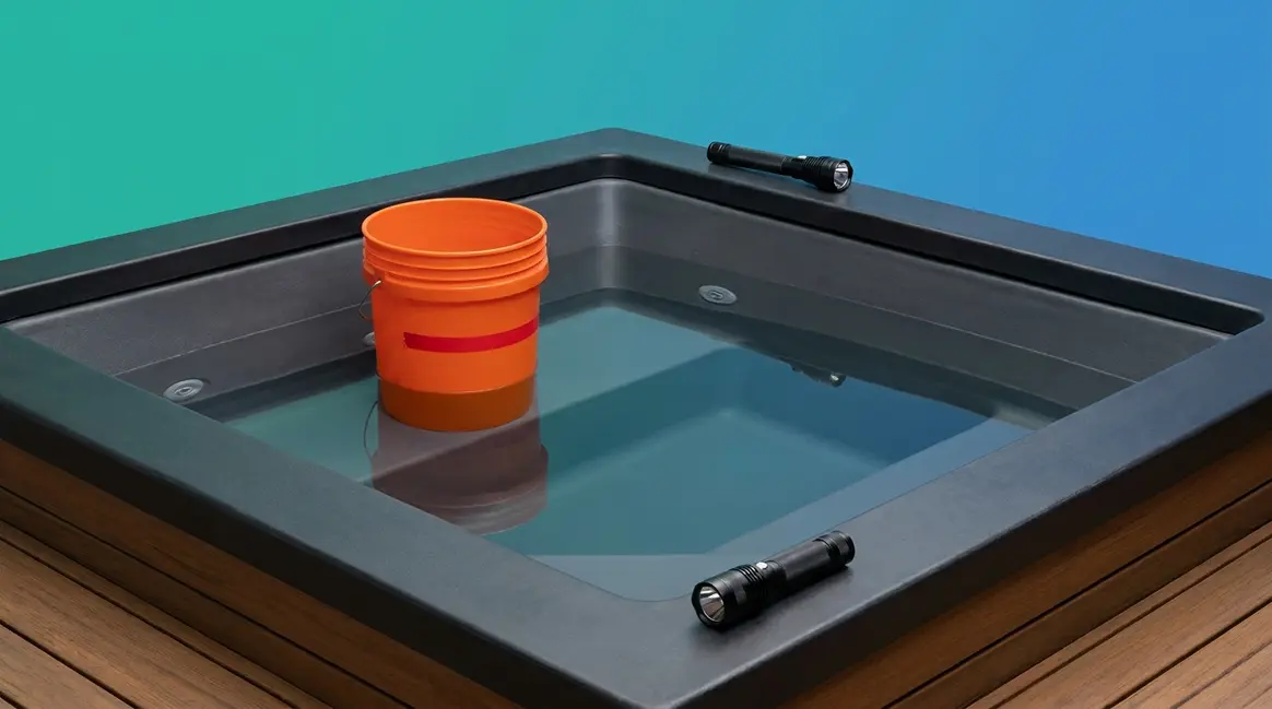 Hot tub losing water with low water level and diagnostic bucket test setup visible
