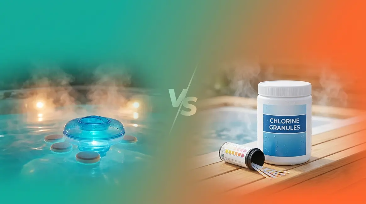 Hot tub bromine vs chlorine comparison showing sanitizer tablets and test kit beside steaming spa water